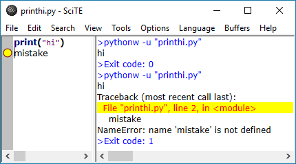 SciTE after running Python interpreter